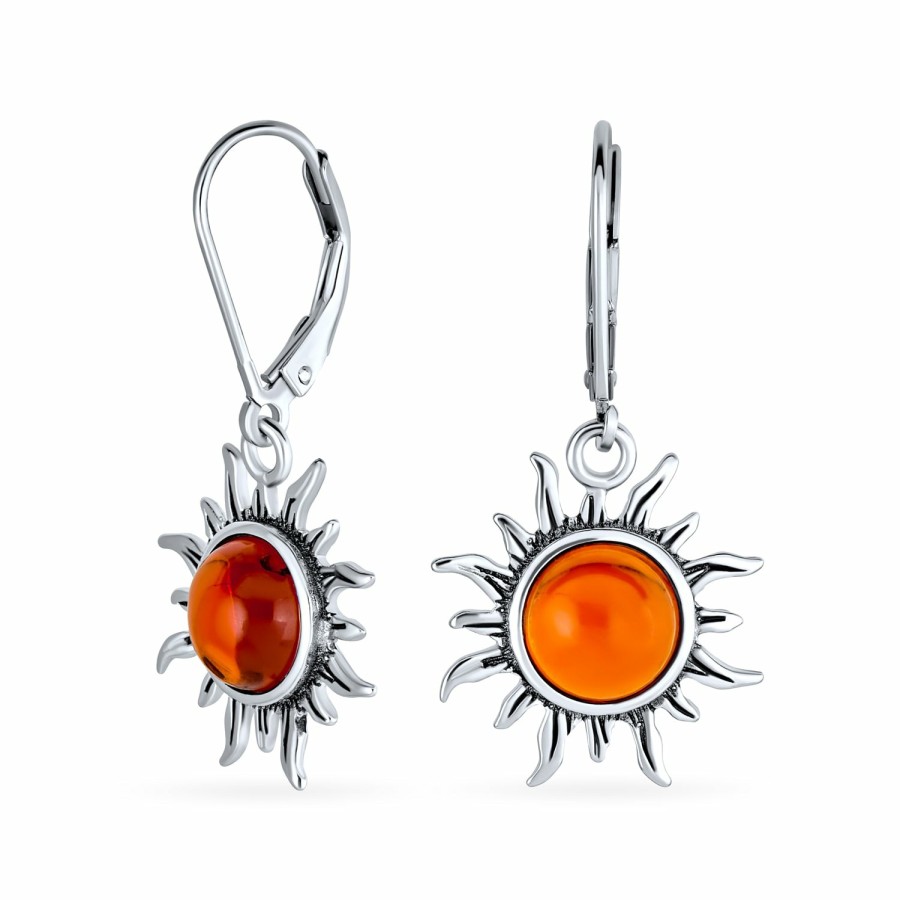 Shop Women Bling Jewelry Dangle Drop Earrings | Sunburst Lemon Or Honey Amber Lever Back Dangle Earrings .925 Silver