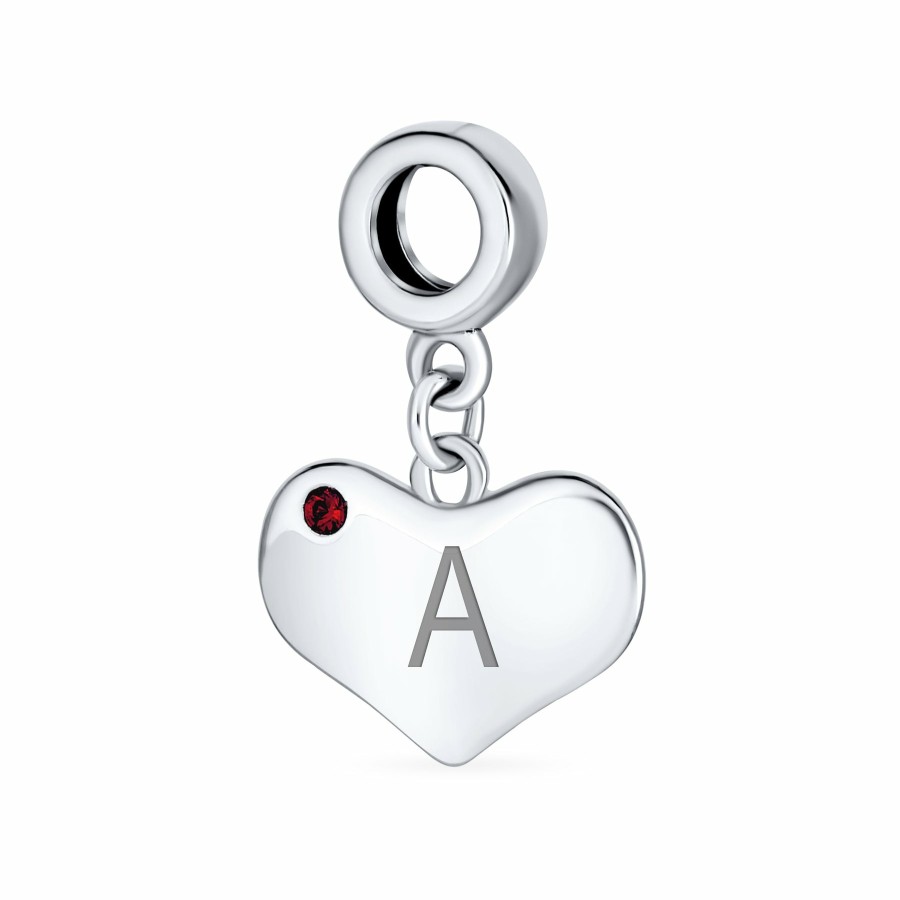 Shop Women Bling Jewelry Engravable Charms | Ruby Red Crystal Accent Heart Shaped Dangle Bead Charm .925 Silver