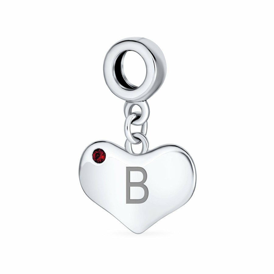 Shop Women Bling Jewelry Engravable Charms | Ruby Red Crystal Accent Heart Shaped Dangle Bead Charm .925 Silver