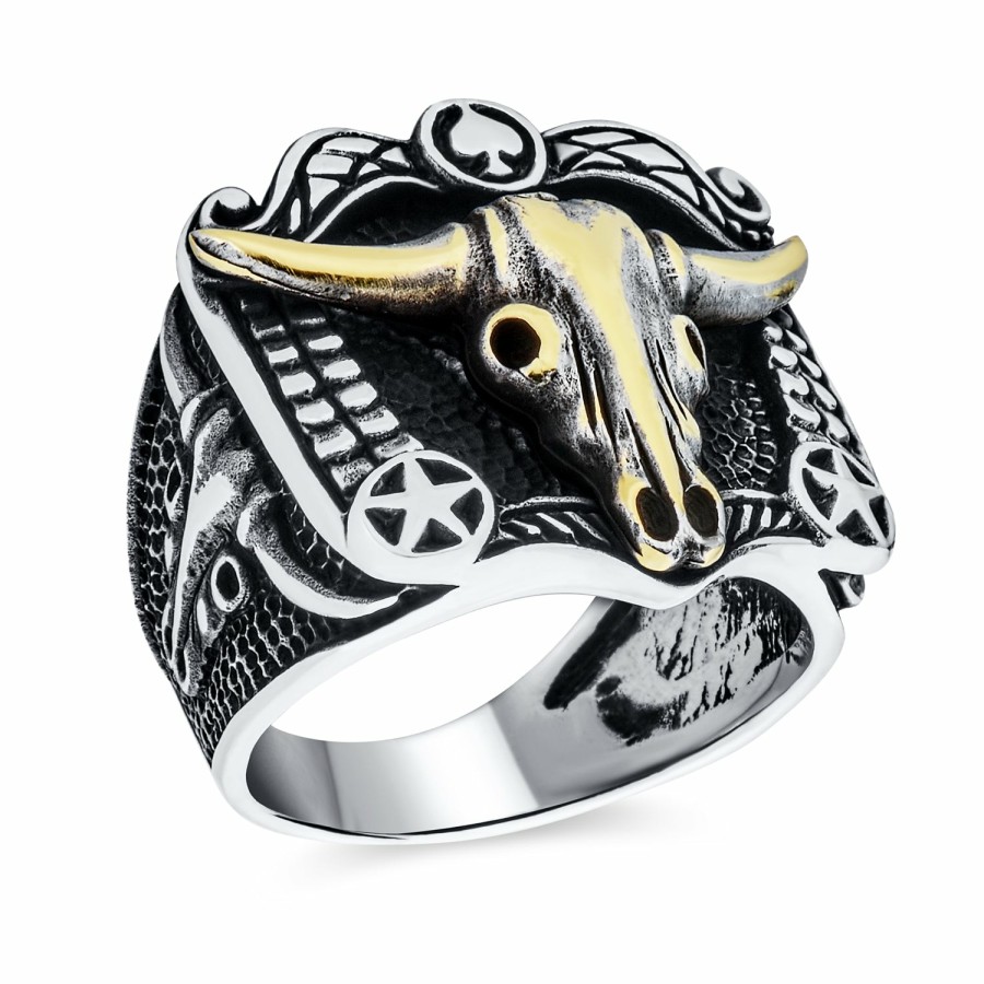 Shop Men Bling Jewelry Mens Engravable Rings | Men'S Signet Ring Tiger Eye & Onyx Gemstones Texas Longhorn Buffalo Bison Skulls