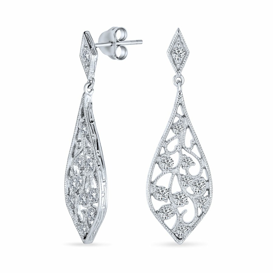 Shop Women Bling Jewelry Chandelier Earrings | Open Filigree Cz Nature Leaf Chandelier Dangle Earrings .925 Sterling Silver