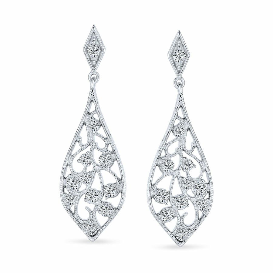 Shop Women Bling Jewelry Chandelier Earrings | Open Filigree Cz Nature Leaf Chandelier Dangle Earrings .925 Sterling Silver