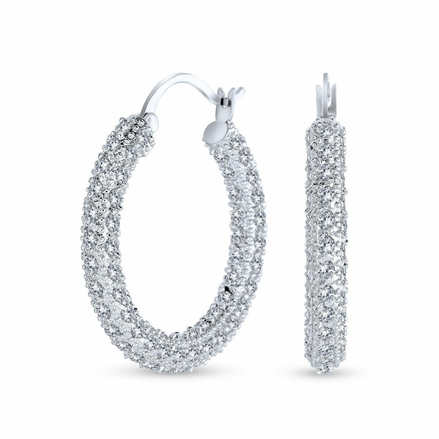 Shop Women Bling Jewelry Hoops Huggies Earrings | Bridal Pave Cz Encrusted Prom Statement Hoop Earring Silver Plated