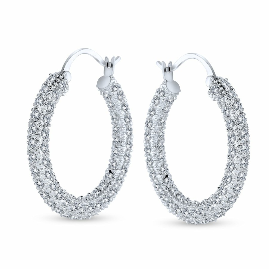 Shop Women Bling Jewelry Hoops Huggies Earrings | Bridal Pave Cz Encrusted Prom Statement Hoop Earring Silver Plated