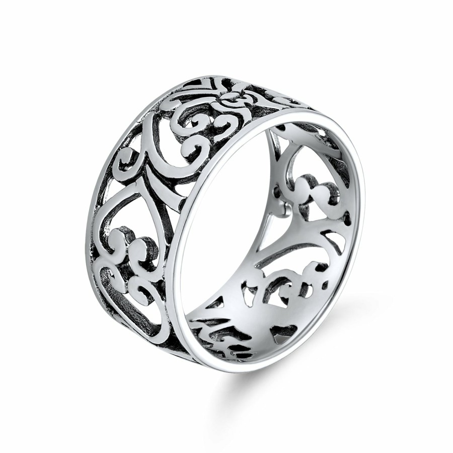 Shop Women Bling Jewelry Unique Rings | Boho .925 Sterling Silver Open Swirl Filigree Wide Band Ring 7Mm