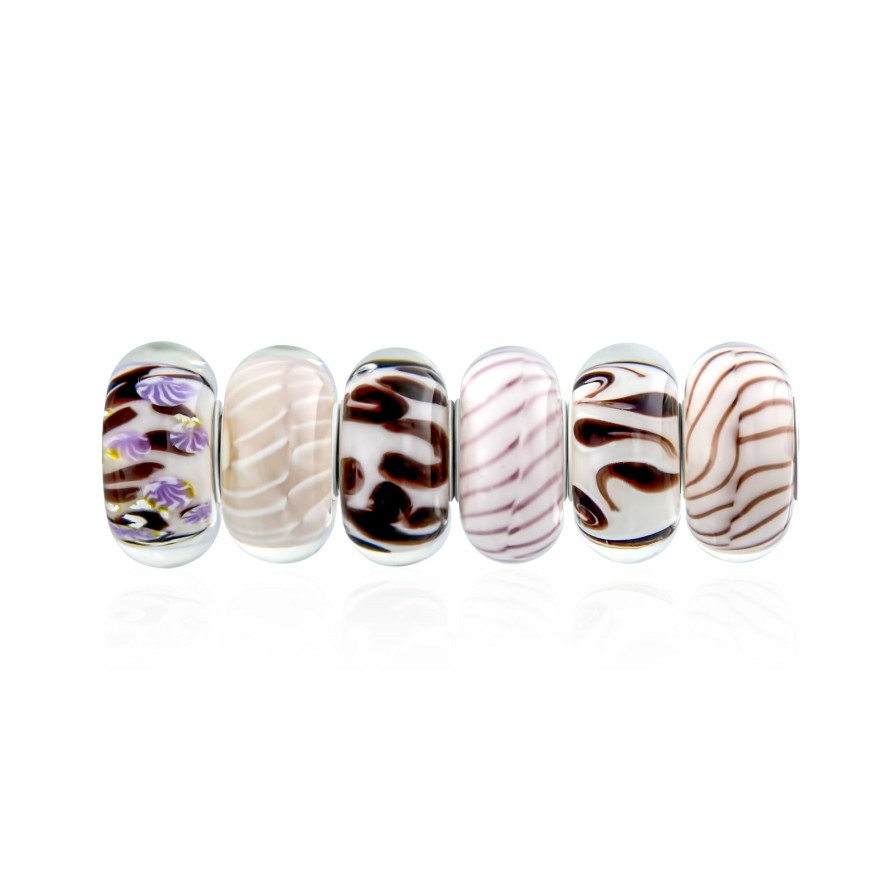 Shop Women Bling Jewelry Flower Beads | Brown Black White Murano Glass Bead Charm Bundle 6 Set Sterling Silver