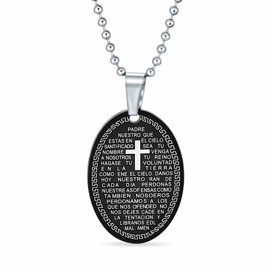 Shop Men Bling Jewelry Mens Pendants & Dog Tags | Oval The Lords Pray Words Cross Pendant Necklace Stainless Steel Black