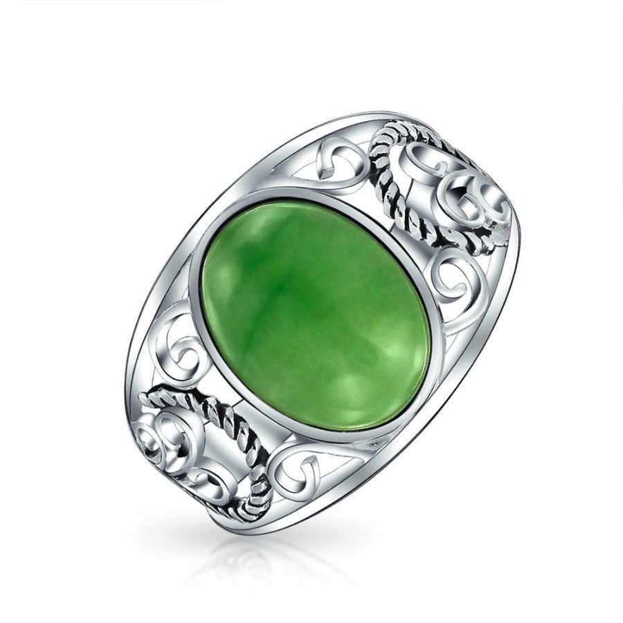 Shop Women Bling Jewelry Unique Rings | Scroll Filigree Oval Jade Statement Ring .925Sterling Silver Green