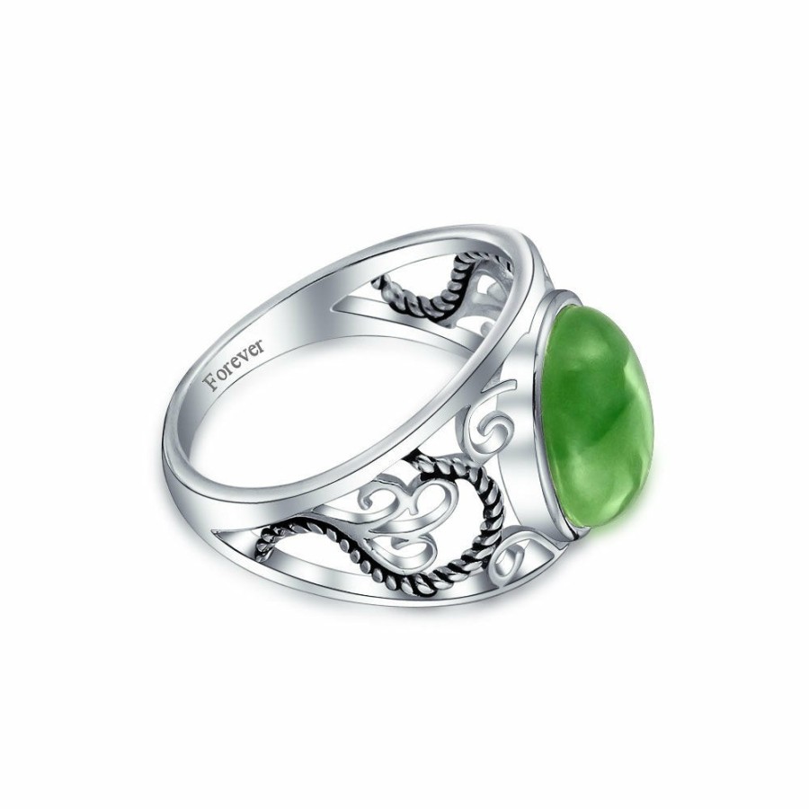 Shop Women Bling Jewelry Unique Rings | Scroll Filigree Oval Jade Statement Ring .925Sterling Silver Green