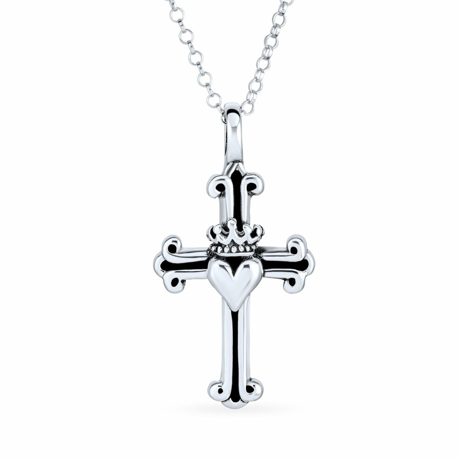 Shop Women Bling Jewelry Engravable Necklaces | Antiqued Crown Heart Fleur De Lis Cross Pendant .925Sterling Silver