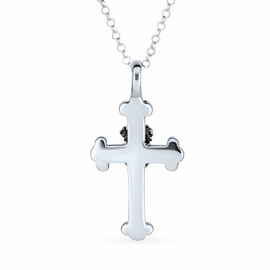 Shop Women Bling Jewelry Engravable Necklaces | Antiqued Crown Heart Fleur De Lis Cross Pendant .925Sterling Silver