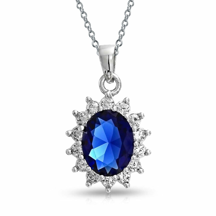 Shop Women Bling Jewelry Pendant Necklaces | Oval Blue Pendant Imitation Sapphire Cz Halo Crown .925 Sterling Silver