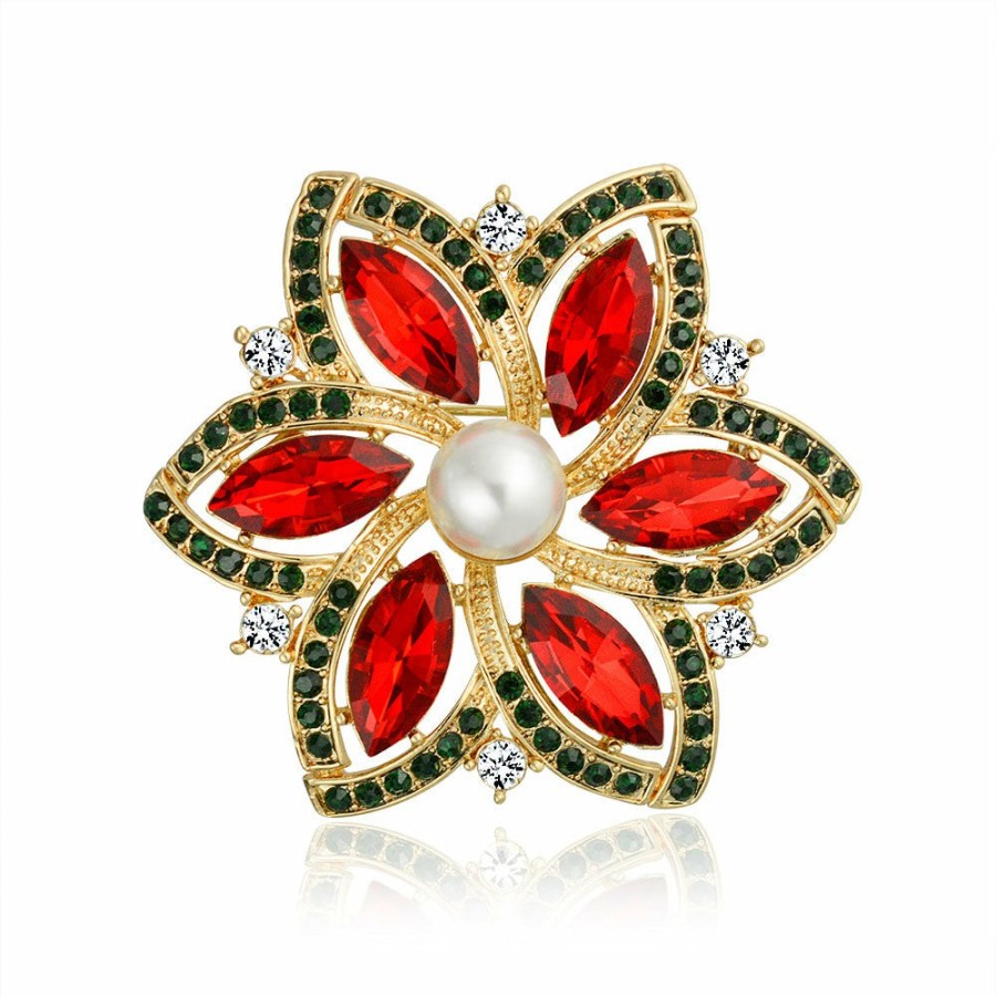 Shop Women Bling Jewelry Pins & Brooches | Marquise Christmas Holiday Poinsettia Wreath Brooch Pin