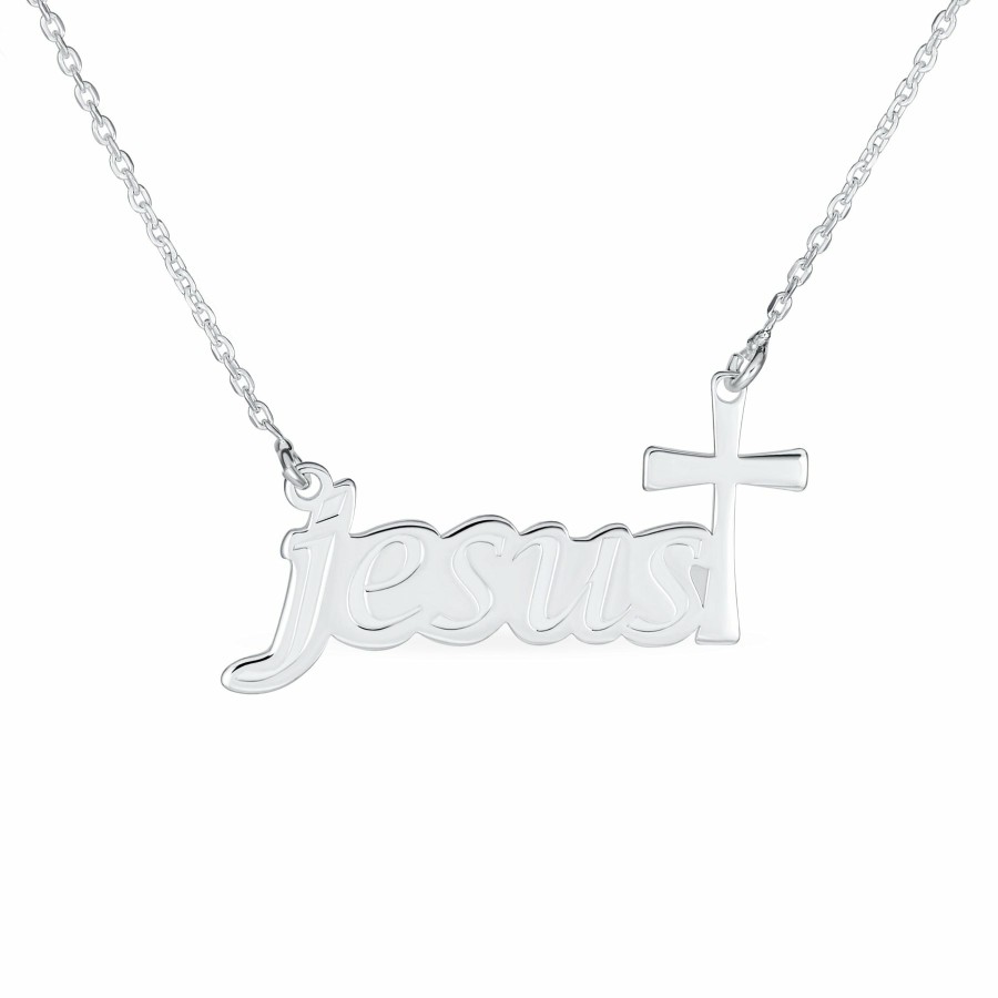 Shop Women Bling Jewelry Pendant Necklaces | Religious Cross "Jesus" Word Pendant Necklace .925Sterling Silver