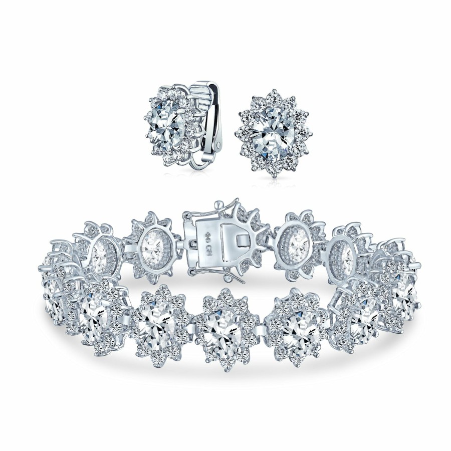 Shop Women Bling Jewelry Clip On Earrings | Bridal Vintage Oval Cz Statement Bracelet Clip-On Earrings Jewelry Set