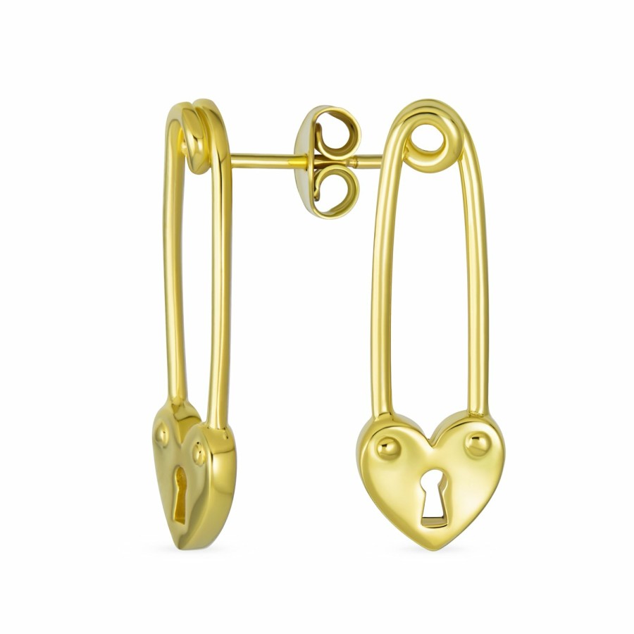 Shop Women Bling Jewelry Dangle Drop Earrings | Romantic Padlock Heart Safety Pin Drop Earrings Gold .925 Plated