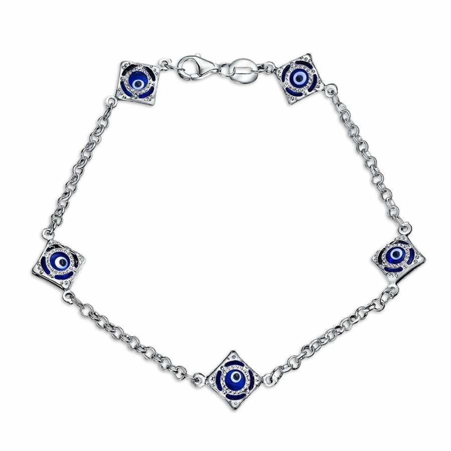 Shop Women Bling Jewelry Unique Bracelets | Turkish Navy Blue Evil Eye Charm Chain Link Bracelet Sterling Silver