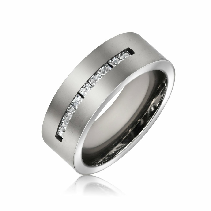 Shop Men Bling Jewelry Mens Rings | Wide Channel Set Cz Couples Wedding Band Ring 7Mm Tone Titanium Silver