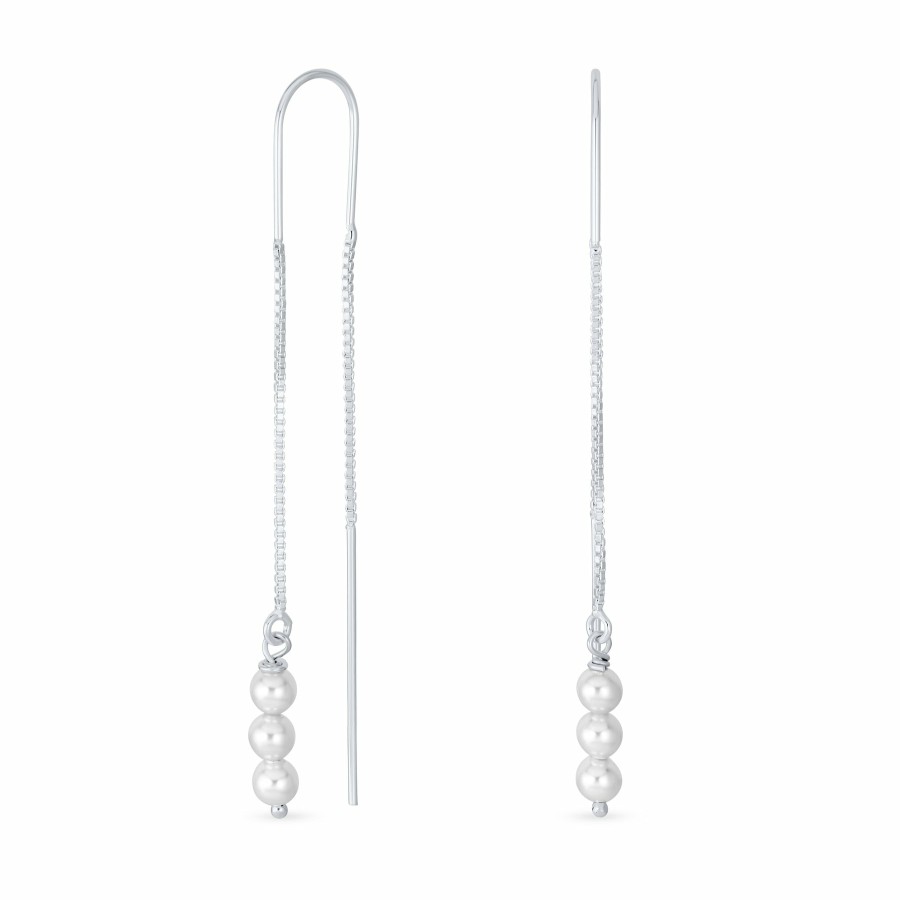 Shop Women Bling Jewelry Dangle Drop Earrings | Long Faux White Pearl Threader Earrings .925 Silver Chain U Hook Wire