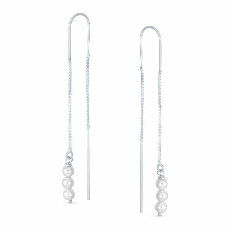 Shop Women Bling Jewelry Dangle Drop Earrings | Long Faux White Pearl Threader Earrings .925 Silver Chain U Hook Wire