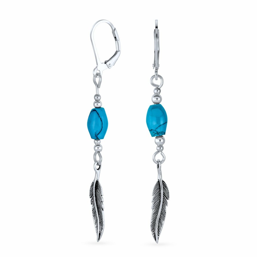 Shop Women Bling Jewelry Dangle Drop Earrings | Western Jewelry Turquoise Feather Leaf Dangle Earrings Silver