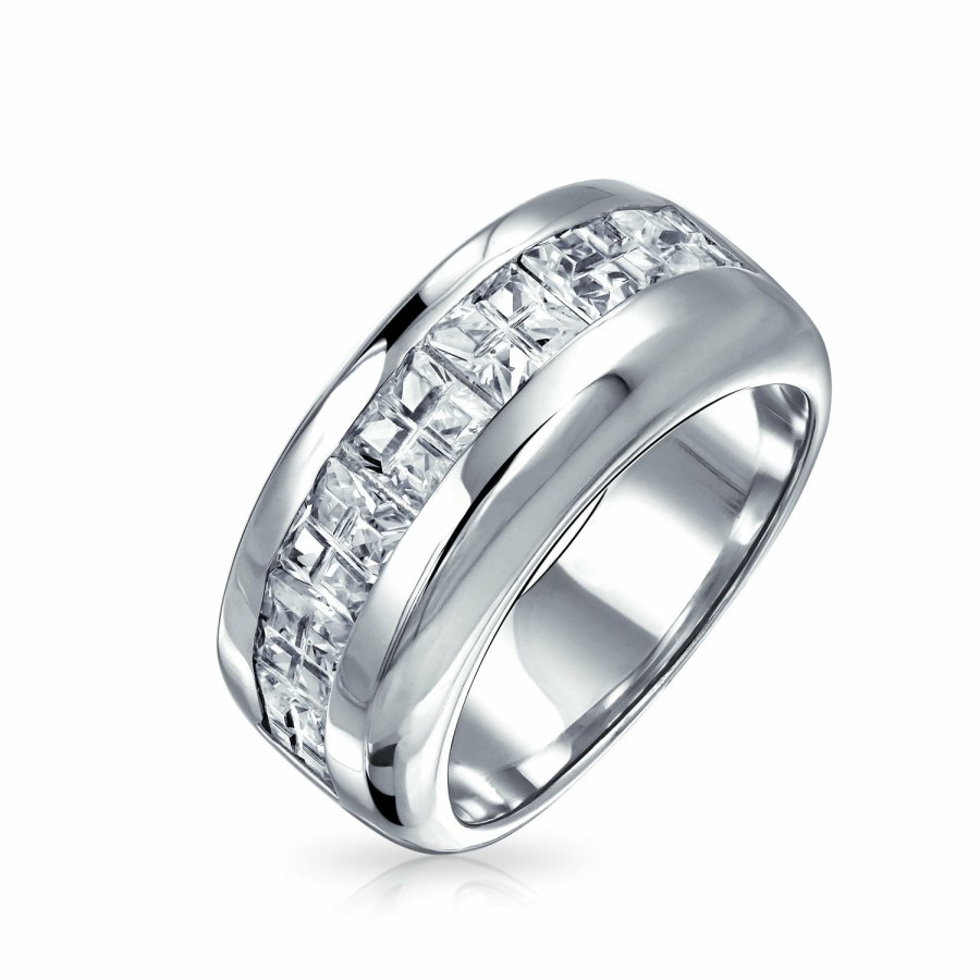 Shop Men Bling Jewelry Mens Engravable Rings | Aaa Cz Wide Cubic Zirconia Wedding Band Ring .925Sterling