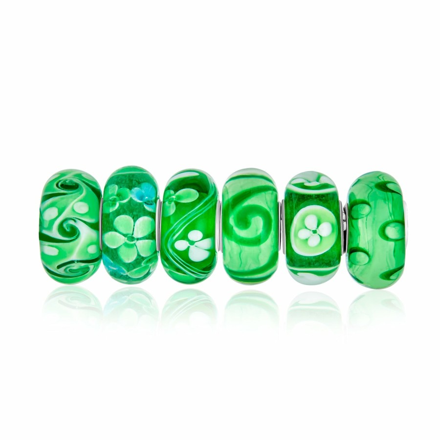 Shop Women Bling Jewelry Flower Beads | Bundle Set Of Six Green Murano Glass Bead Charm .925Sterling Silver