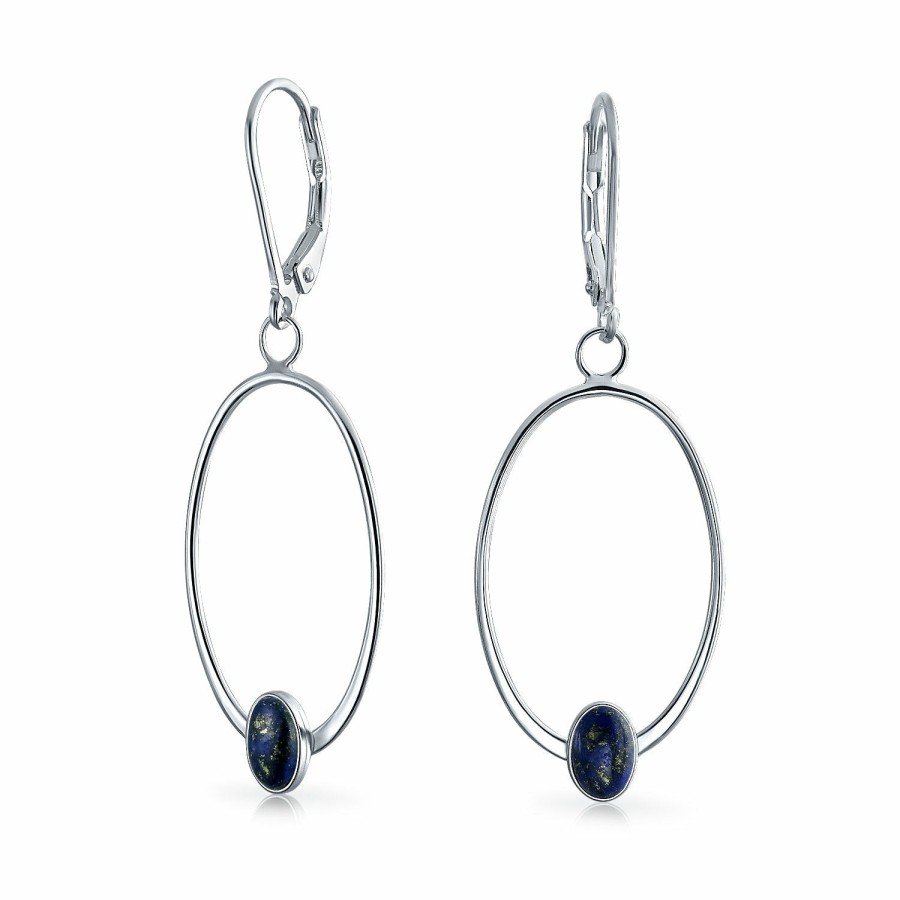 Shop Women Bling Jewelry Dangle Drop Earrings | Geometric Oval Dangle Gemstone Lapis Earrings .925 Sterling Silver