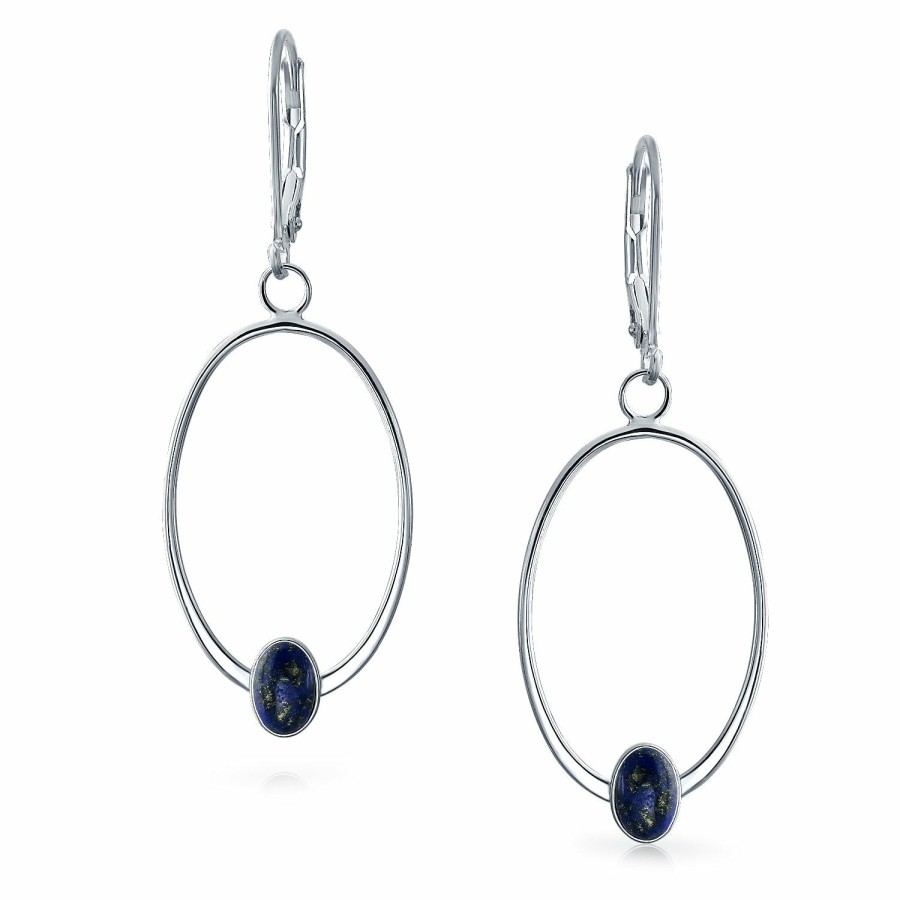 Shop Women Bling Jewelry Dangle Drop Earrings | Geometric Oval Dangle Gemstone Lapis Earrings .925 Sterling Silver