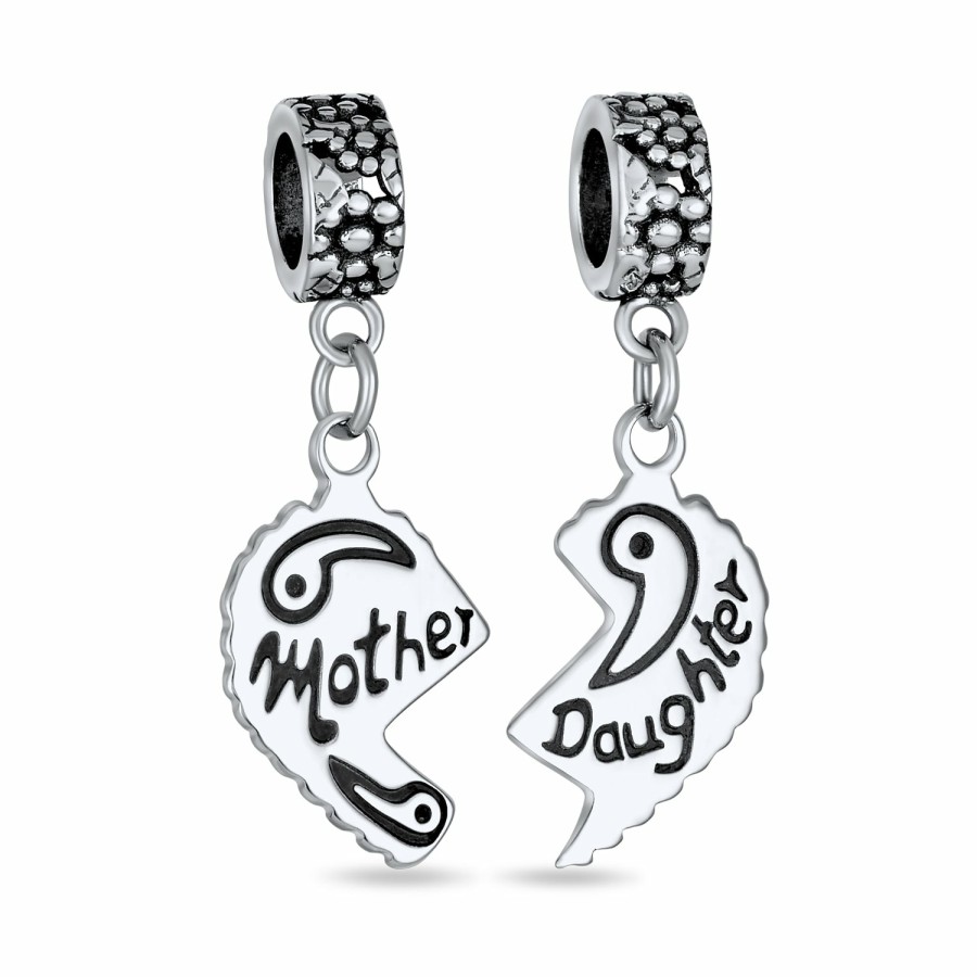 Shop Women Bling Jewelry Engravable Charms | Bff Mom Daughter 2Pc Split Heart Dangle Bead Charm Sterling Silver