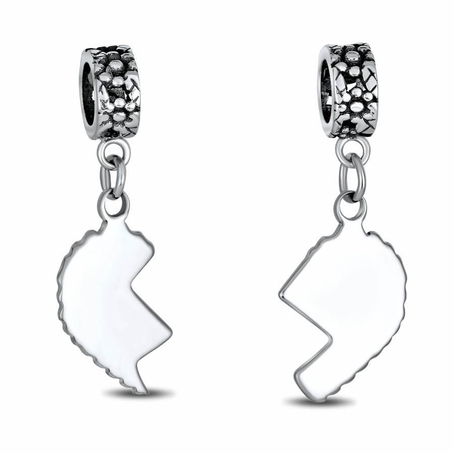 Shop Women Bling Jewelry Engravable Charms | Bff Mom Daughter 2Pc Split Heart Dangle Bead Charm Sterling Silver