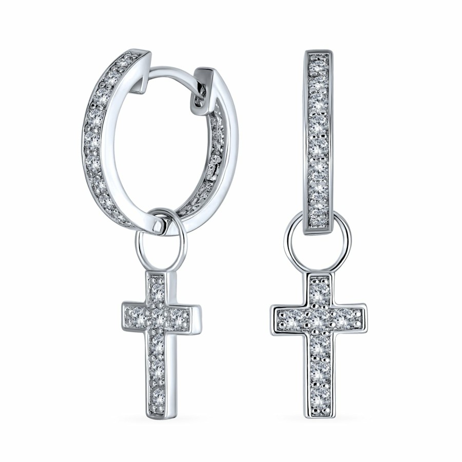 Shop Women Bling Jewelry Hoops Huggies Earrings | Delicate Cz Religious Cross Dangle Charm Hoop Earrings