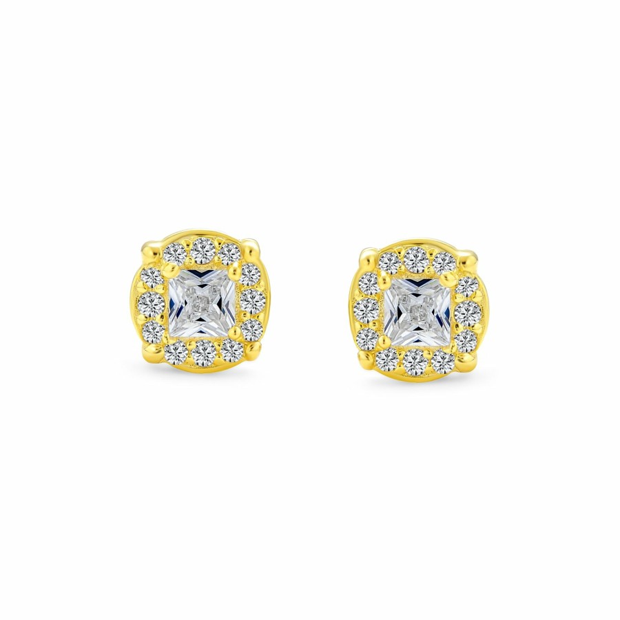 Shop Men Bling Jewelry Mens Earrings | Invisible Cut Square Cz Stud Earrings Gold Plated Sterling Silver