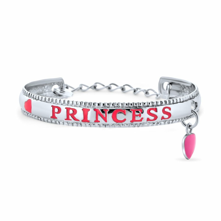 Shop Women Bling Jewelry Engravable Bracelets | Princess Heart Charm Bangle Cuff Bracelet .925 Sterling