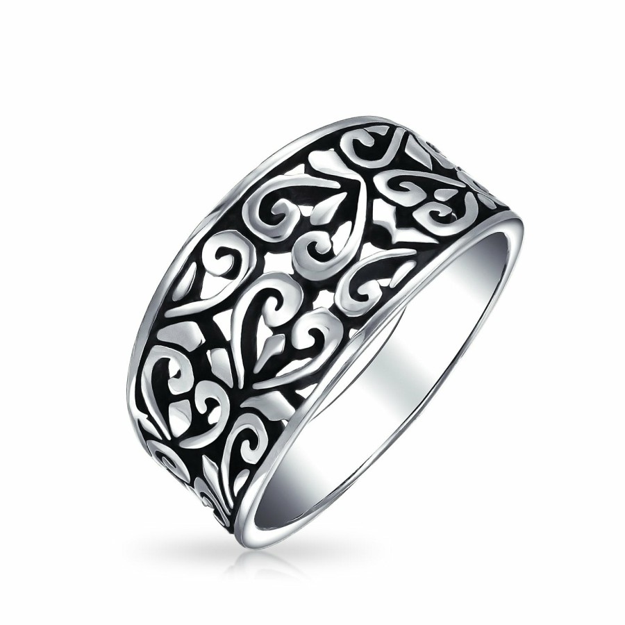 Shop Women Bling Jewelry Unique Rings | Boho 925 Sterling Silver Open Swirl Hearts Filigree Wide Band Ring 4Mm