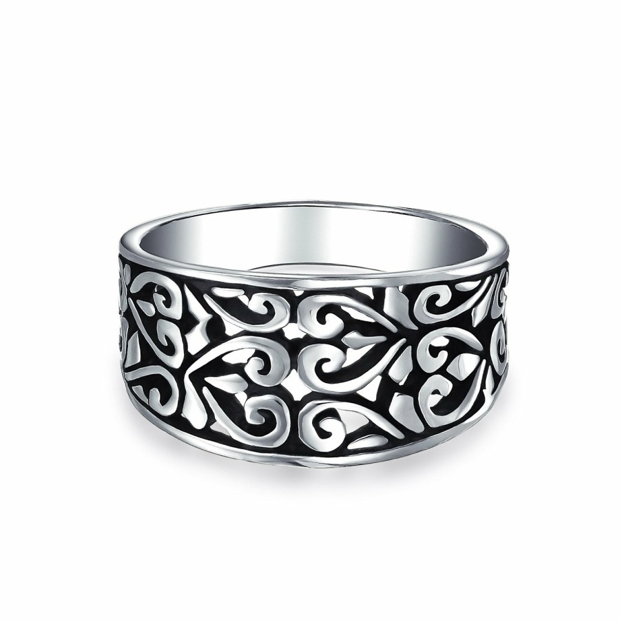 Shop Women Bling Jewelry Unique Rings | Boho 925 Sterling Silver Open Swirl Hearts Filigree Wide Band Ring 4Mm