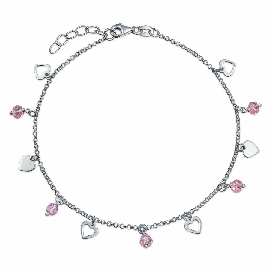 Shop Women Bling Jewelry Charm Bracelets | Heart Crystal Pink Anklet Charms Anklet Sterling Silver 9 -10 In