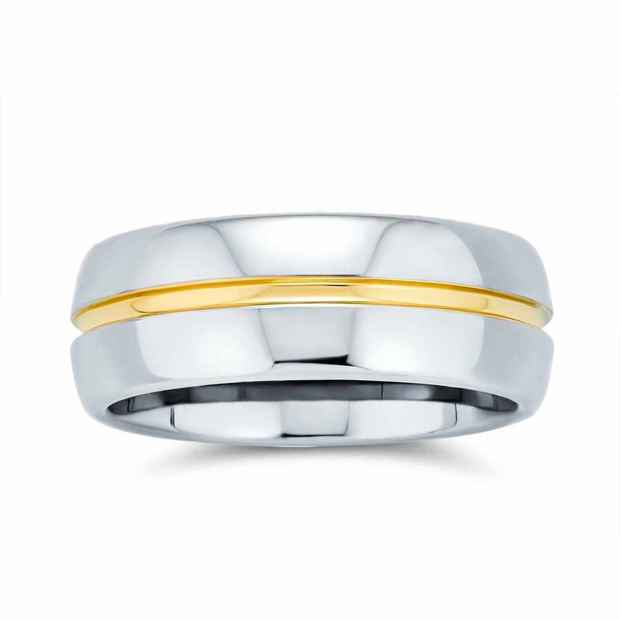 Shop Women Bling Jewelry Engravable Rings | Two Tone Golden Stripe Wedding Band Gold Plated Titanium Ring 8Mm Silver