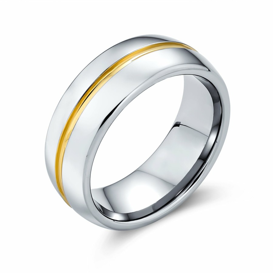 Shop Women Bling Jewelry Engravable Rings | Two Tone Golden Stripe Wedding Band Gold Plated Titanium Ring 8Mm Silver