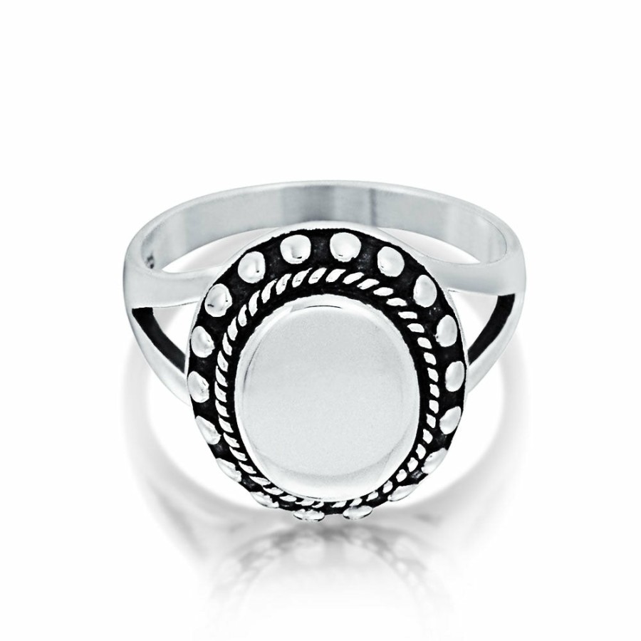 Shop Women Bling Jewelry Unique Rings | Halo Monogram Engravable .925 Sterling Oval Signet Ring Band Silver