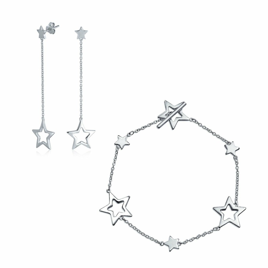 Shop Women Bling Jewelry Delicate Bracelets | Celestial Patriotic Star Dangle Charm Hoop Earrings Sterling Silver