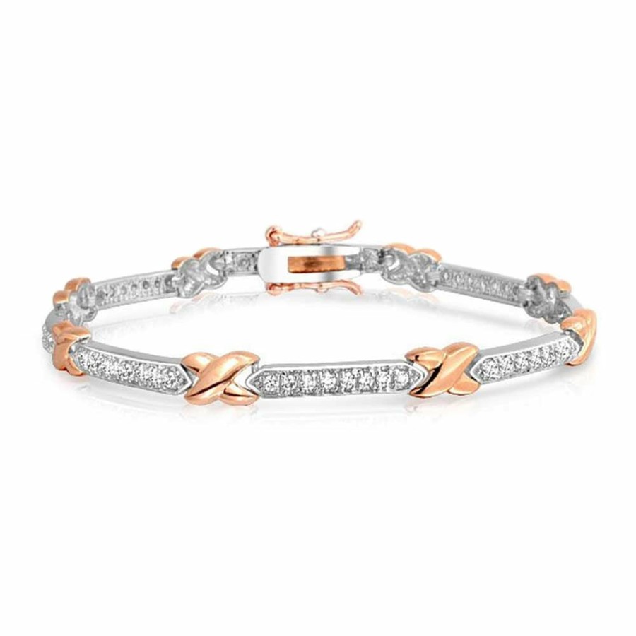 Shop Women Bling Jewelry Tennis Bracelets | Love X Kisses Cz Bar Link Tennis Bracelet Two Tone Rose Gold Plated