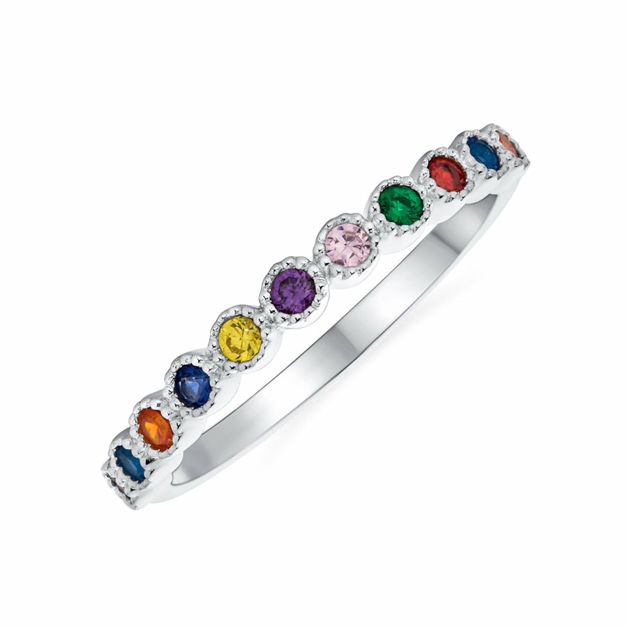 Shop Women Bling Jewelry Stacking Eternity Rings | Lgbtq Rainbow Multi Color Cz Half Thin Eternity Ring .925 Silver