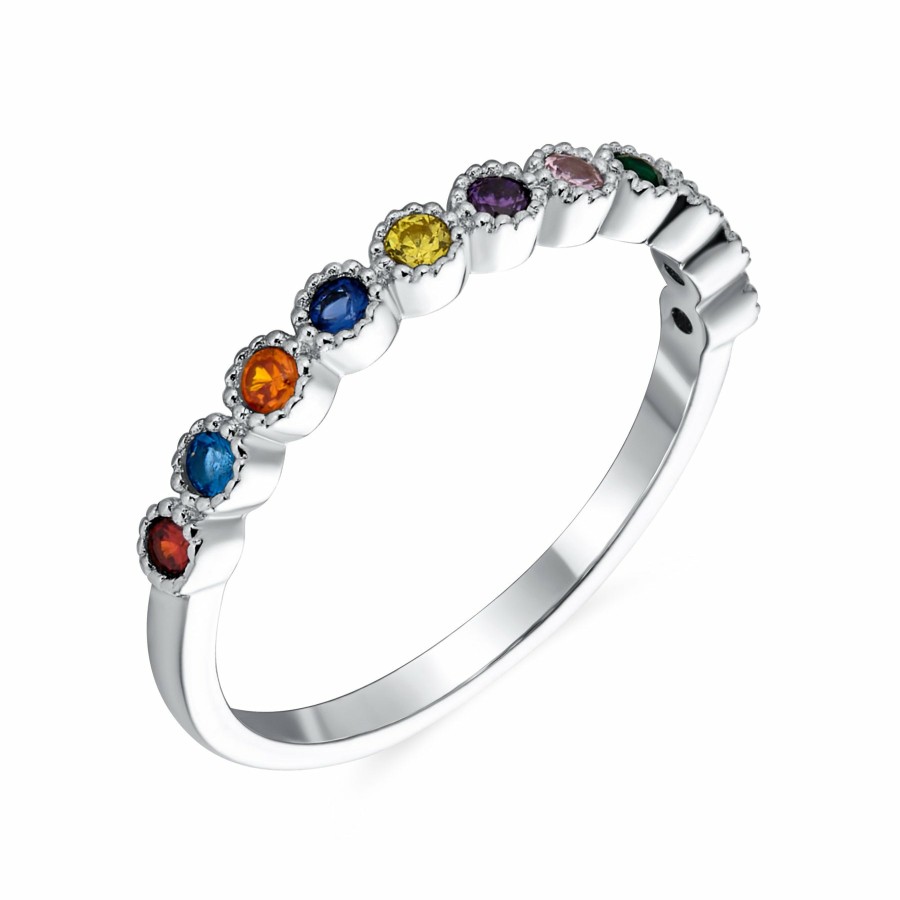 Shop Women Bling Jewelry Stacking Eternity Rings | Lgbtq Rainbow Multi Color Cz Half Thin Eternity Ring .925 Silver