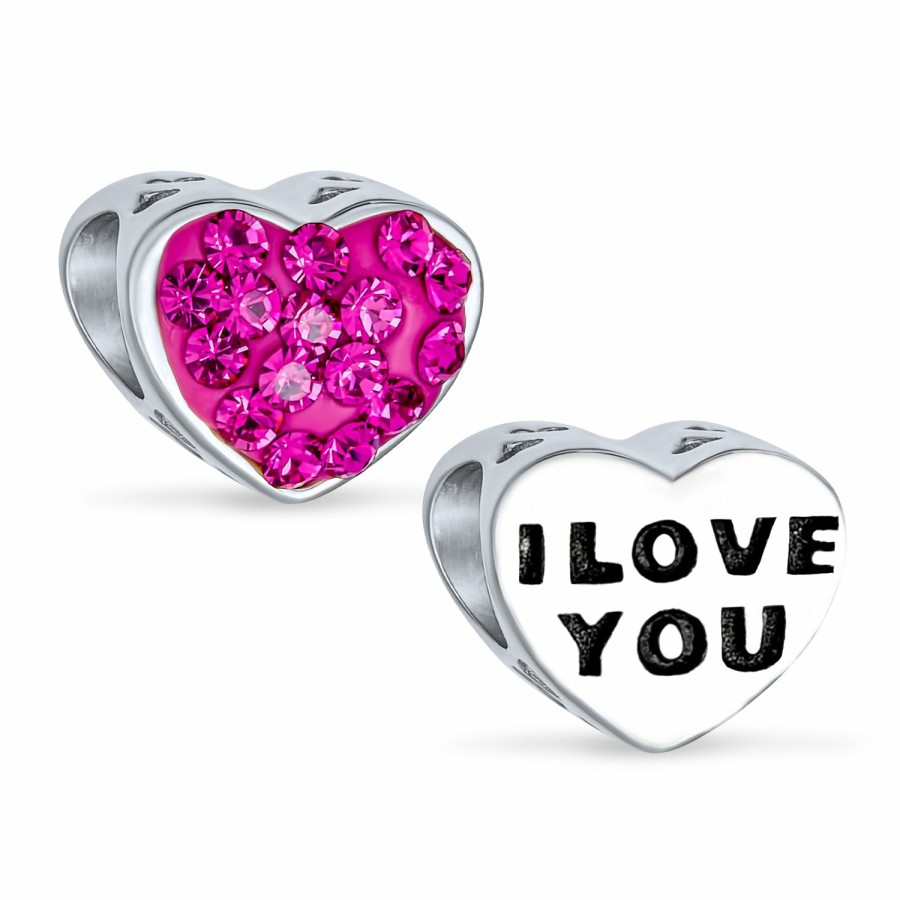 Shop Women Bling Jewelry Love Heart Beads | Pink Silver I Love You Or Princess Heart Crystal Bead Sterling Charm