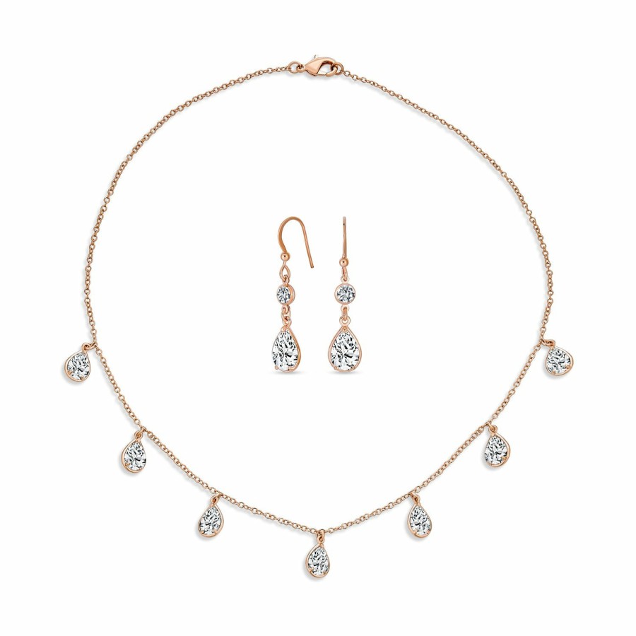 Shop Women Bling Jewelry Chains Necklaces | Multi Tear Drops Rose Gold Plated Brass Chain Cz Necklace Earrings Set