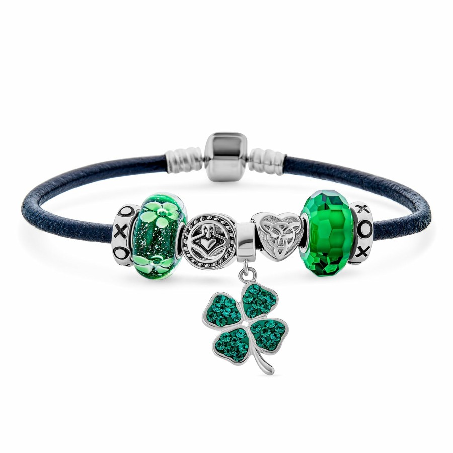 Shop Women Bling Jewelry Starter Bead Bracelets | Celtic Clover Shamrock Claddagh Multi Charm Bracelet Sterling Silver