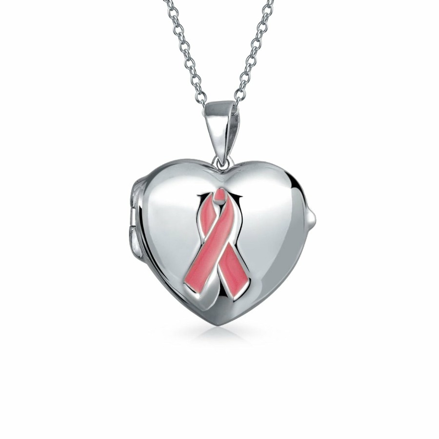 Shop Women Bling Jewelry Engravable Necklaces | Pink Ribbon Breast Cancer Survivor Heart Locket Memorial Photo Holder Silver