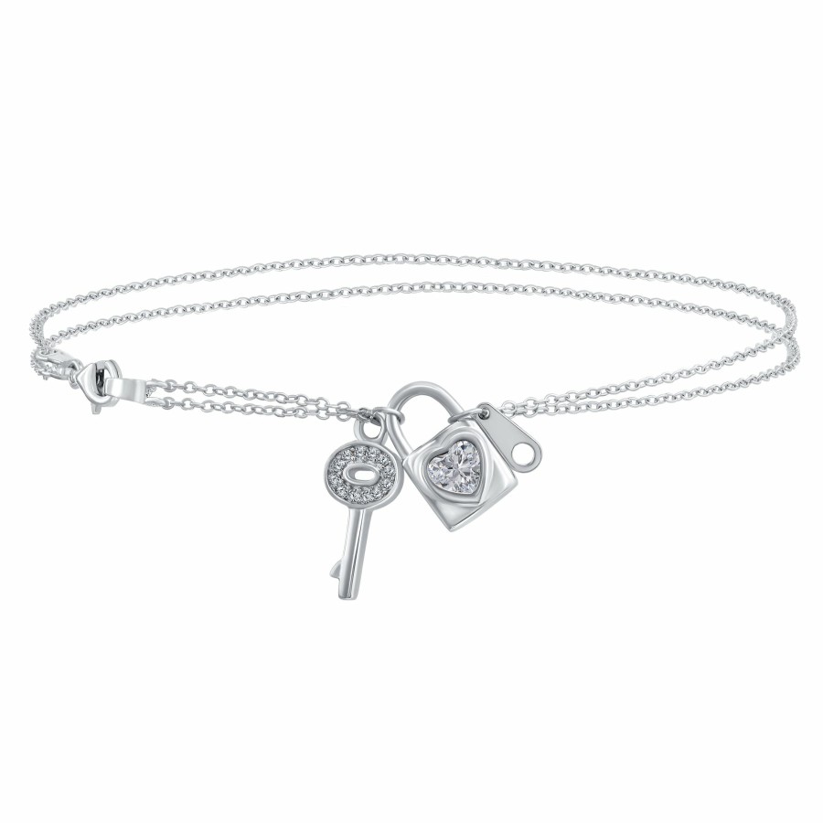 Shop Women Bling Jewelry Ankle Bracelets | Romantic Pave Cz Lock Key Hearts Charm Anklet .925 Sterling