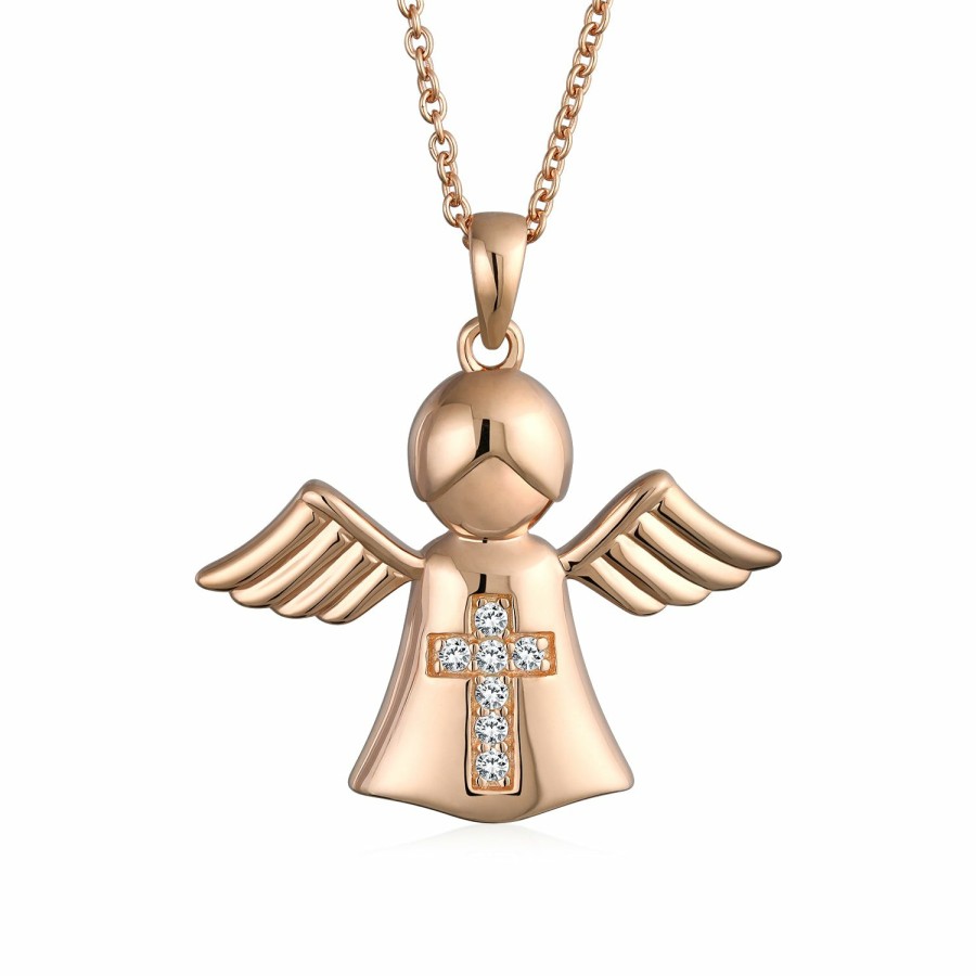 Shop Women Bling Jewelry Delicate Pendant Necklaces | Angel Religious Medallion Cross Locket Pendant Gold Plated .925